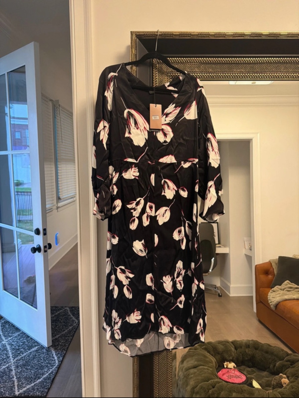 Boss Black Midi Dress with White and Pink Floral Print